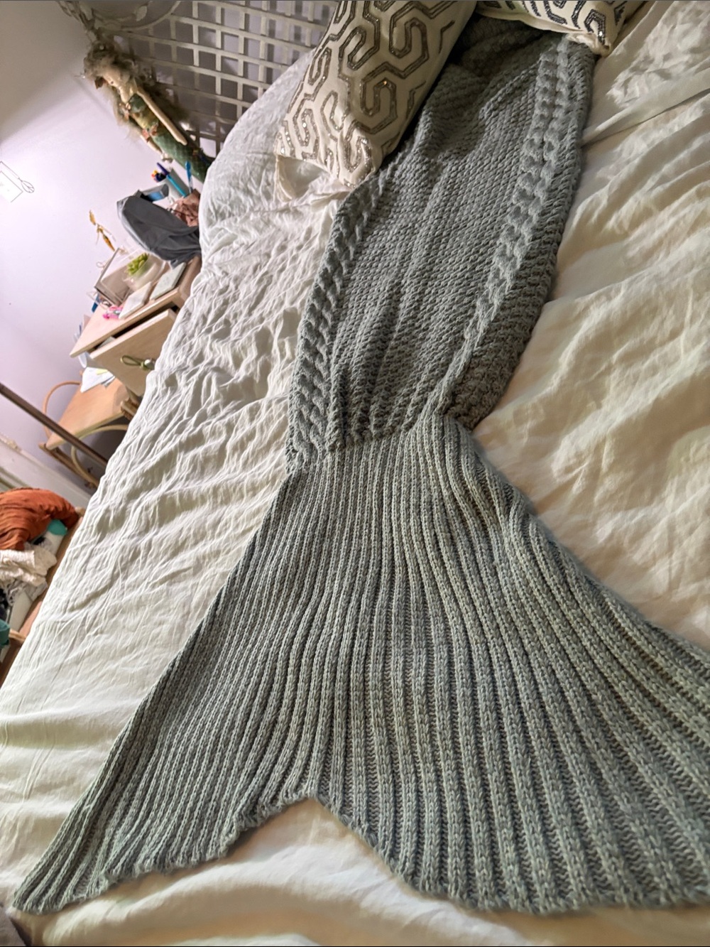 Blue Grey Knit Mermaid Tail Blanket Victorian Trading Co.